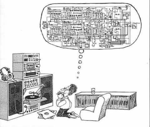 Man on his knees in front of a component stereo system